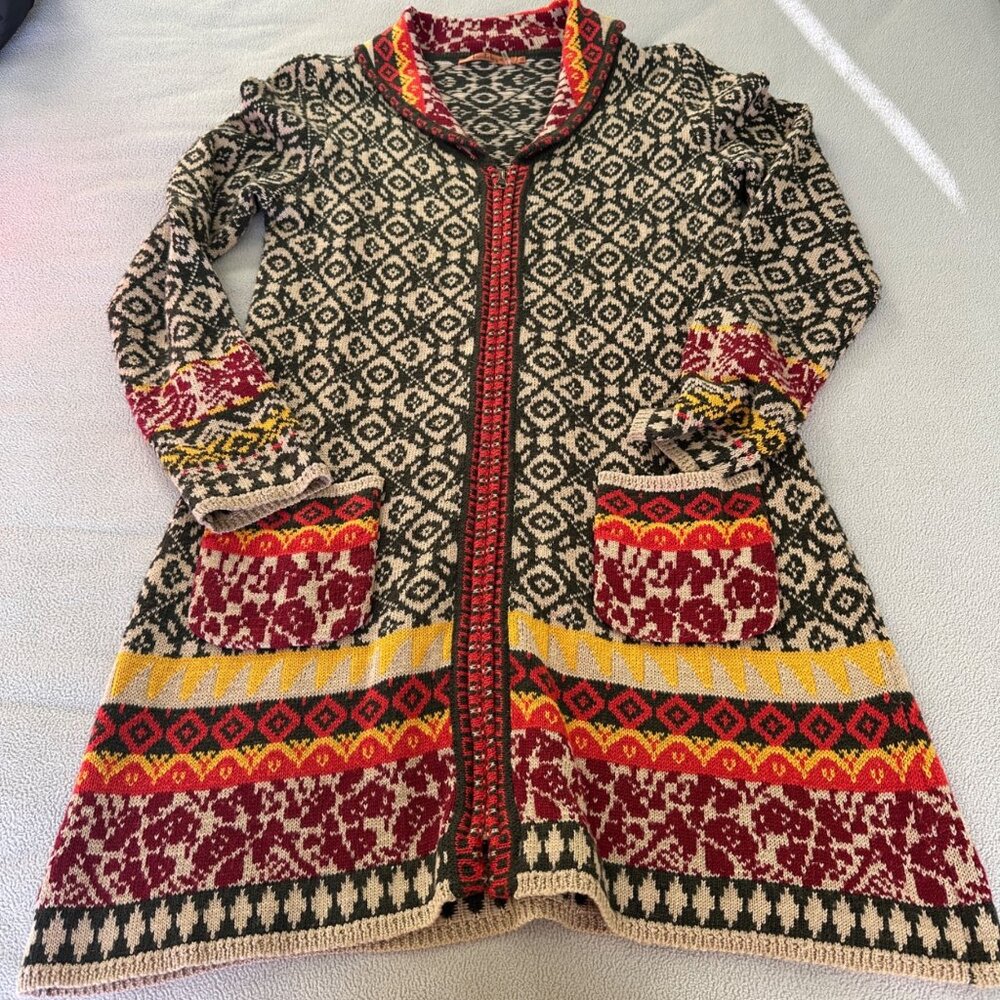 Sweater Duster Womens Small Nordic Boho‎ Cotton Scandi Ful Zip Shawl Collar